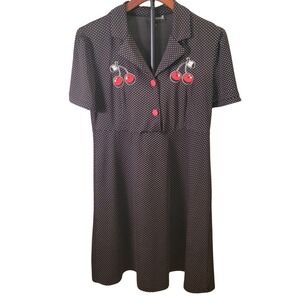 Sourpuss Cherry Polka Dot Dress XL Rockabilly Pinup Retro Black Red Cherries